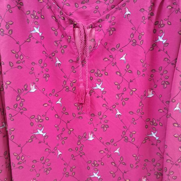 Ava & Viv Blouse Plus 4X Leaf Bird Print Tassel Tie Neck Long Sleeve Fuchsia - Picture 4 of 6